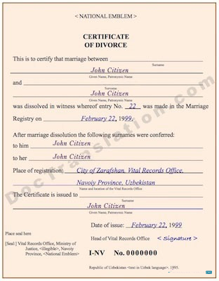 Download Uzbekistan Vital records office divorce certificate Photoshop template